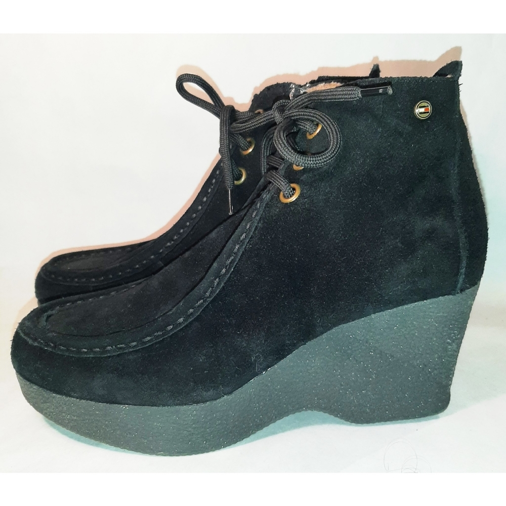 Tommy Hilfiger Black Suede Platform Wedge Booties